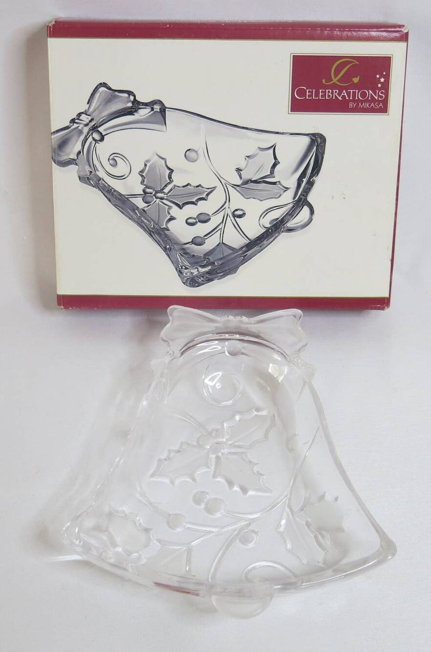 CELEBRATIONS by MIKASA *NEW* Christmas Bell Candy Dish Glass Holly in Box